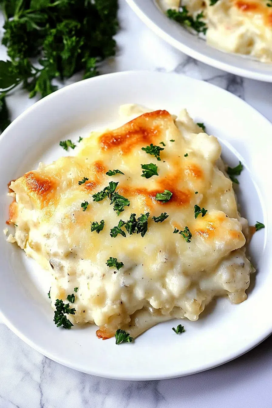 A golden-brown baked dish with a creamy topping and crispy edges.