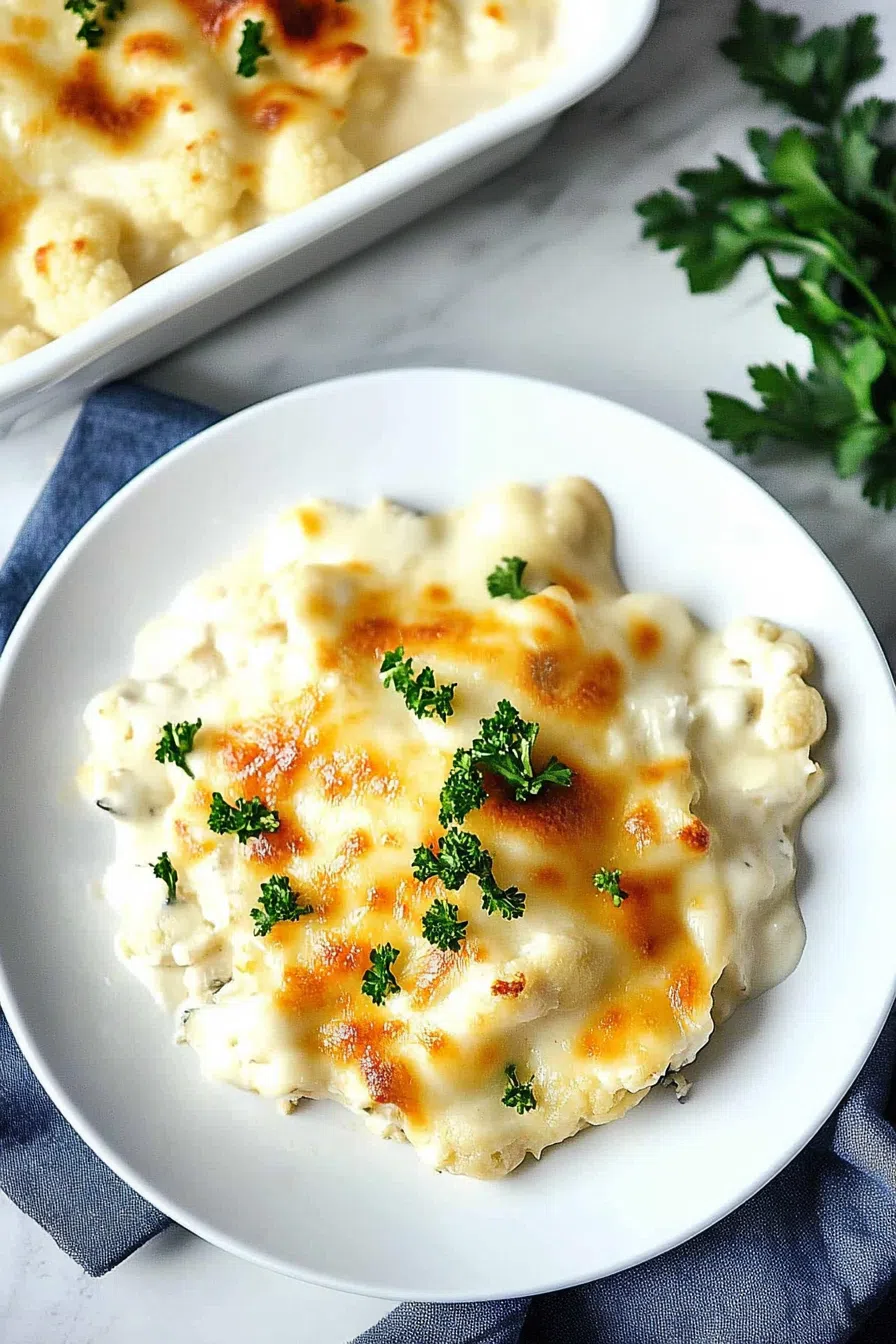 Overhead shot of a rustic casserole garnished with fresh herbs.