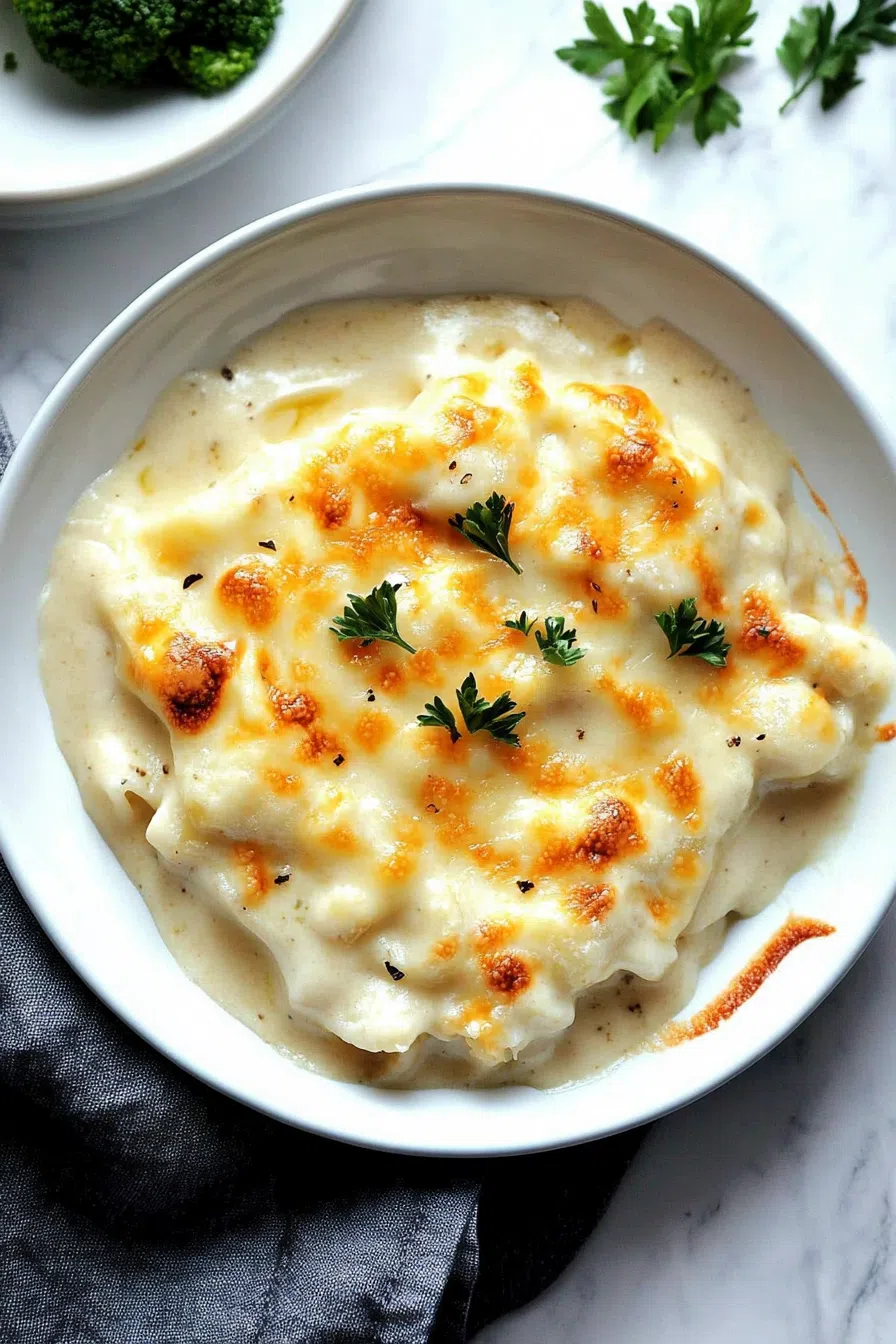 Overhead view of a comforting hot dish, garnished with herbs.