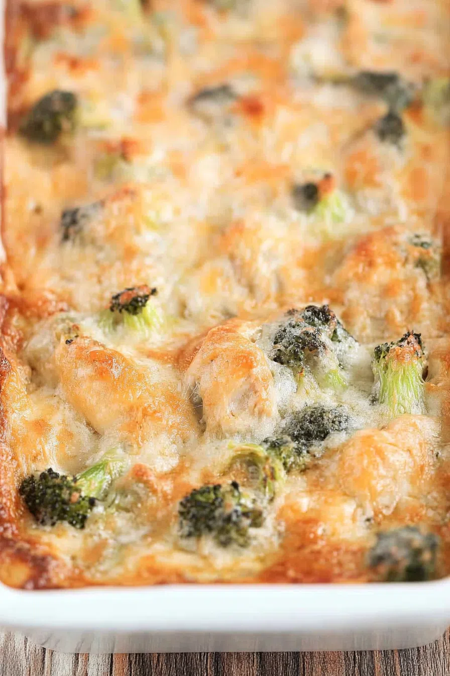 Golden cheesy topping bubbling in a rectangular baking dish fresh from the oven.