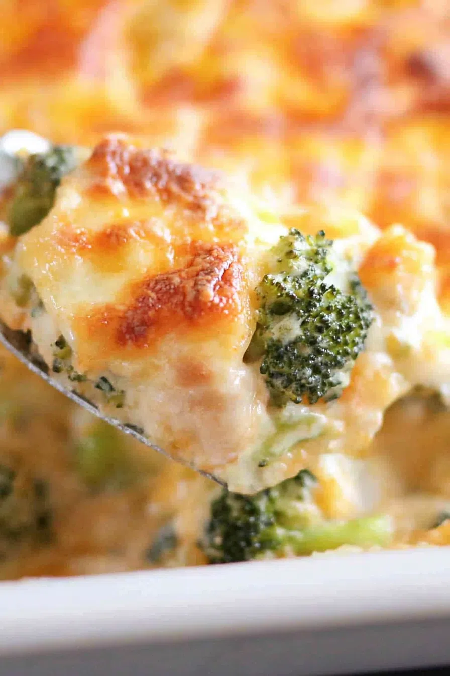 Spoonful being served, revealing layers of tender meat, sauce, and broccoli.