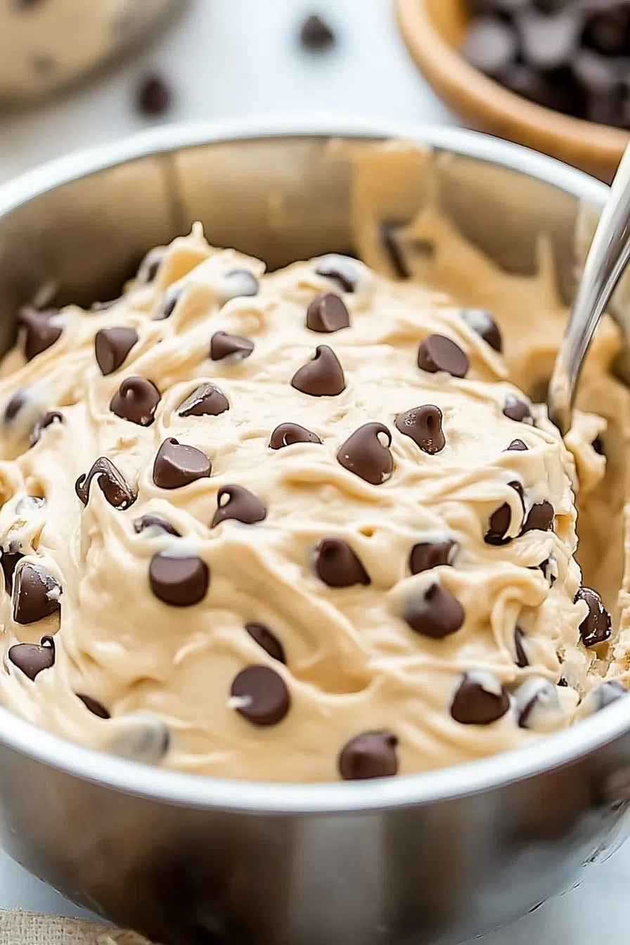 Creamy, sweet dip topped with mini chocolate chips on a serving tray.