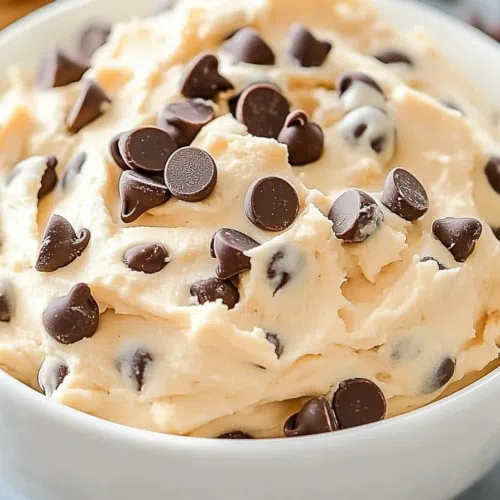 A close-up of a thick, rich dip topped with mini chocolate chips.