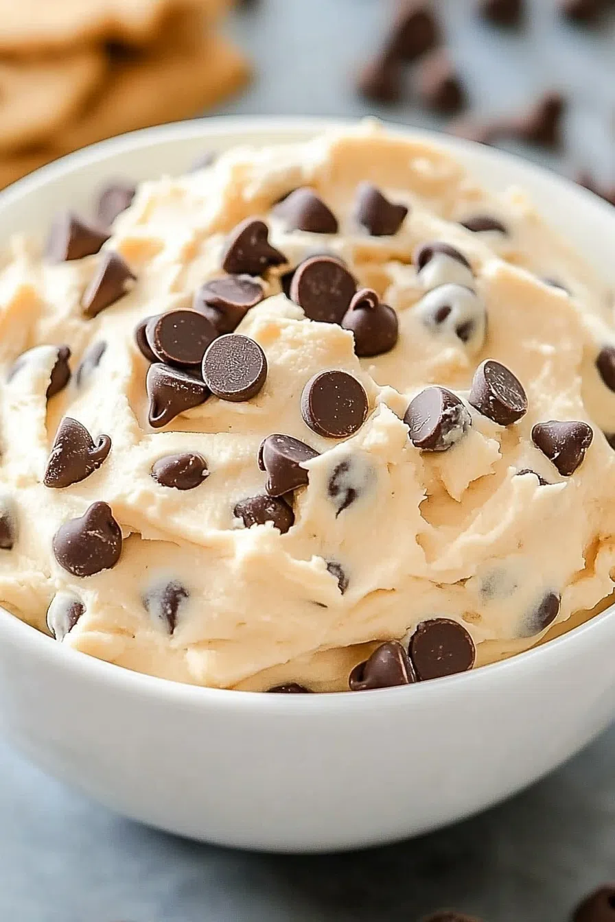 A close-up of a thick, rich dip topped with mini chocolate chips.