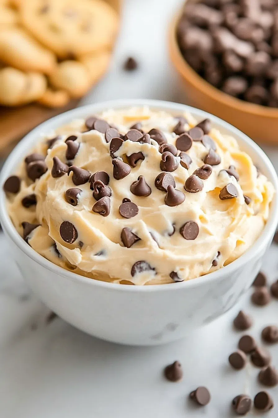 Creamy dessert dip served in a white bowl with cookies on the side.