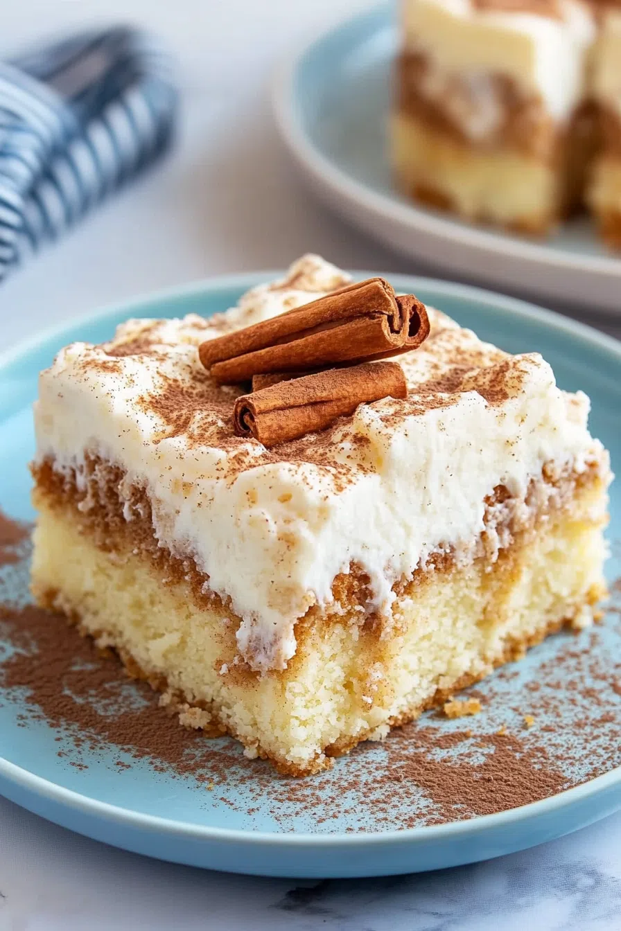 Sliced dessert topped with creamy icing and a swirl of cinnamon glaze.