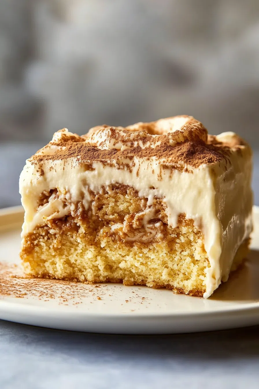 Close-up of a moist, golden cake served on a white plate.