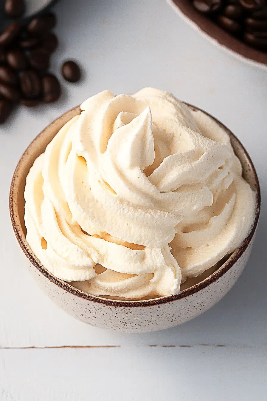 Fluffy whipped topping swirled in a glass bowl with a dusting of cocoa.