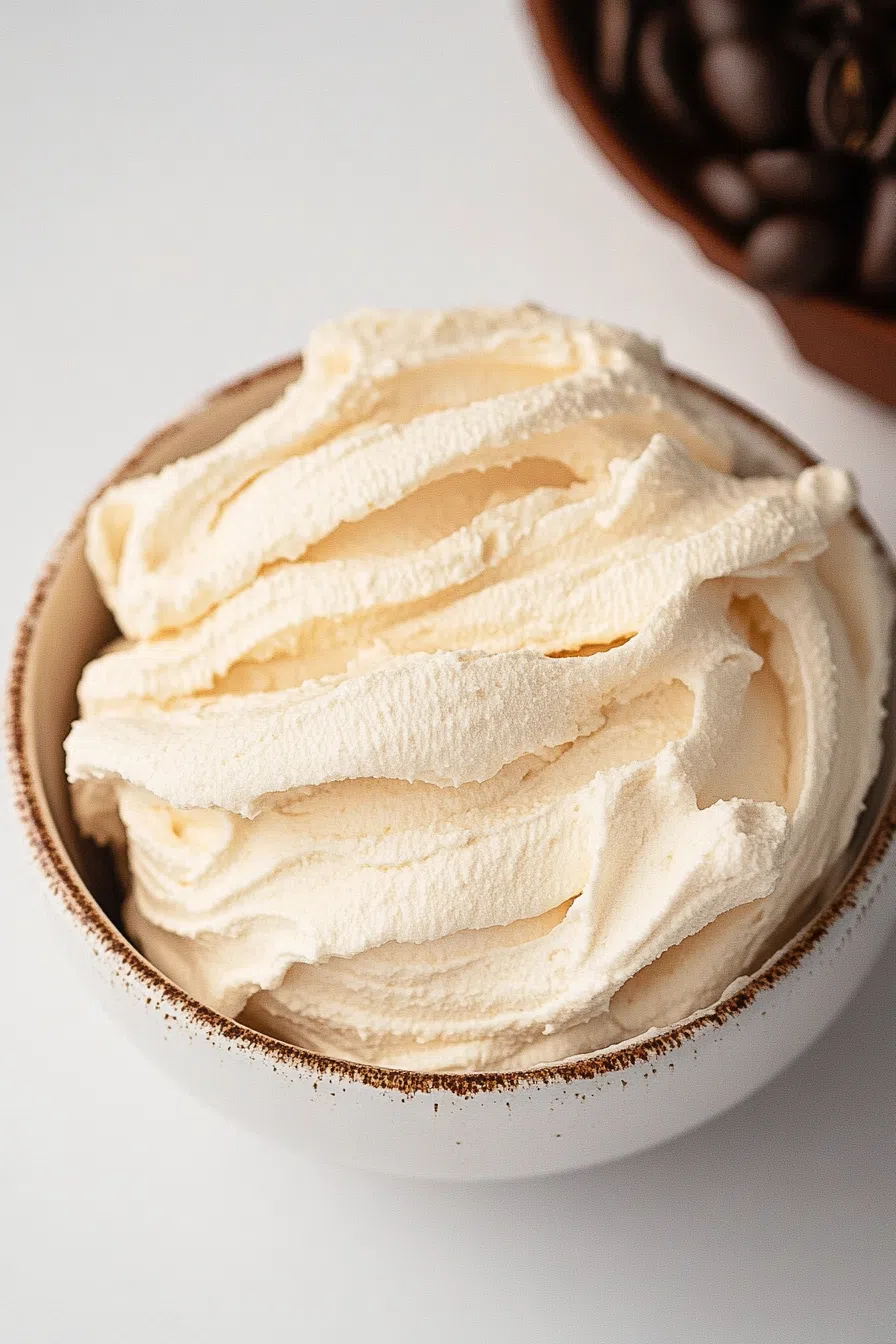 Close-up of creamy, airy peaks in a small serving dish.