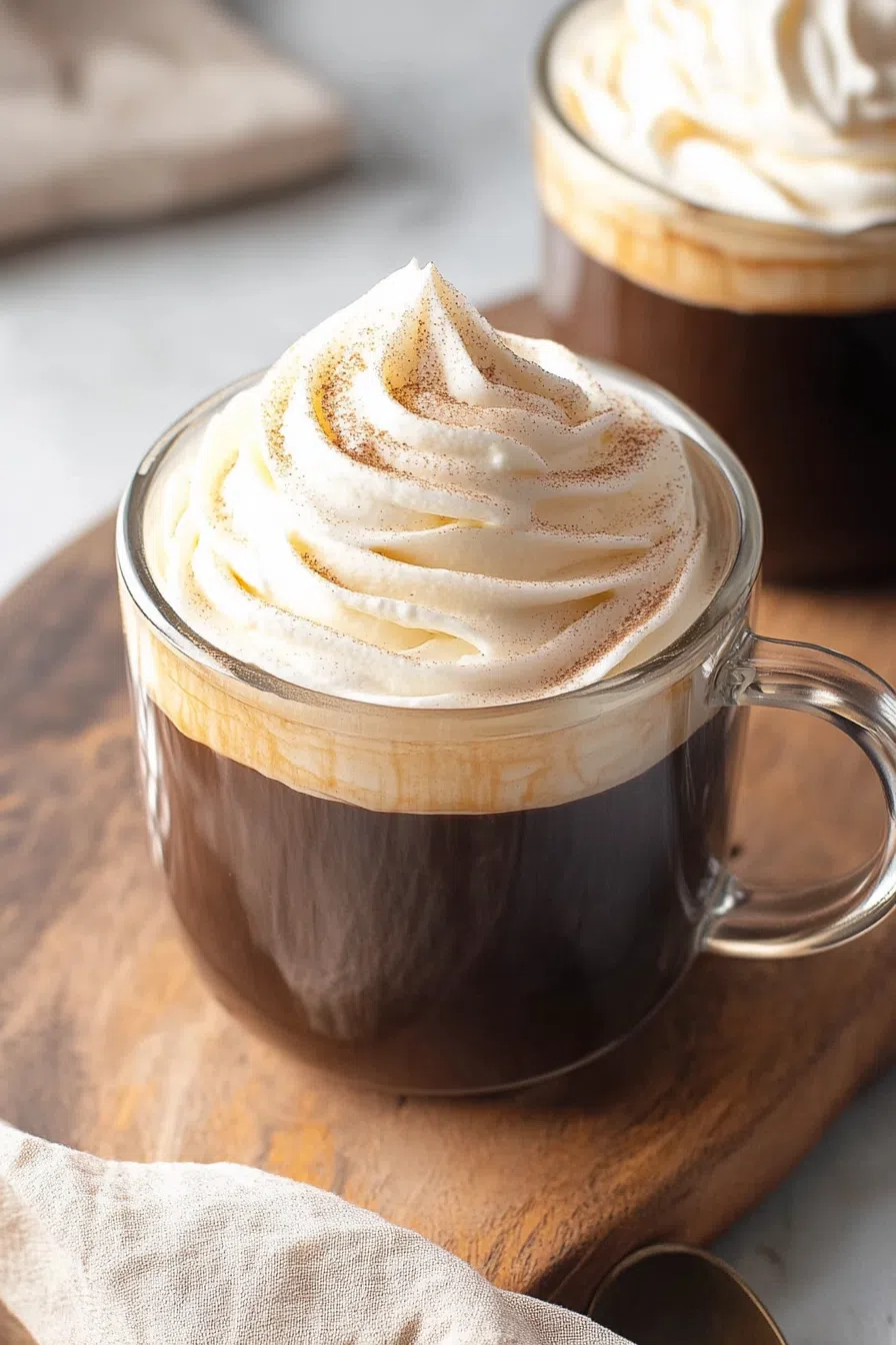 Overhead view of a smooth, airy topping next to a cup of espresso.