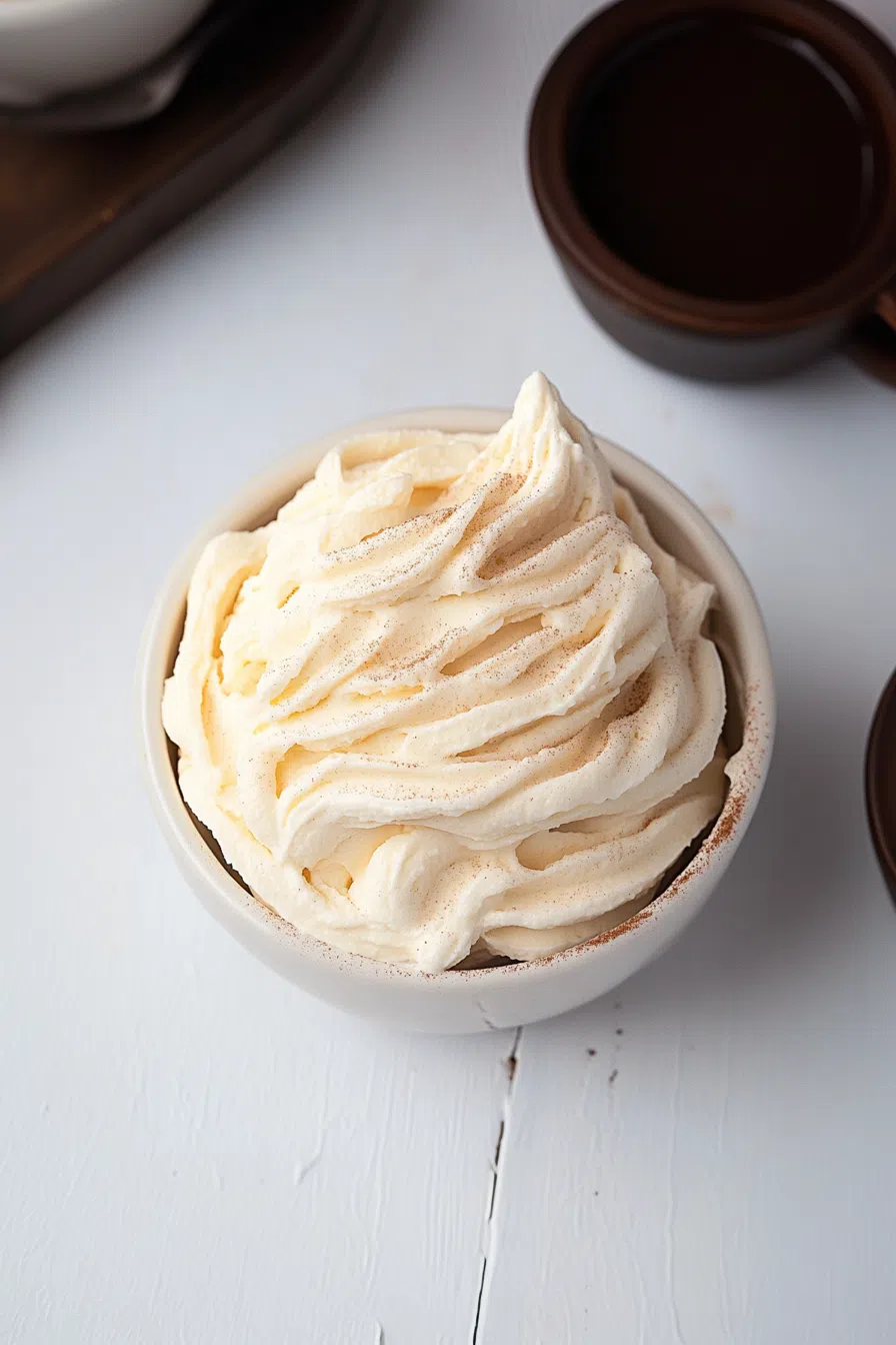 Overhead shot of a soft, mousse-like topping with subtle brown tones.