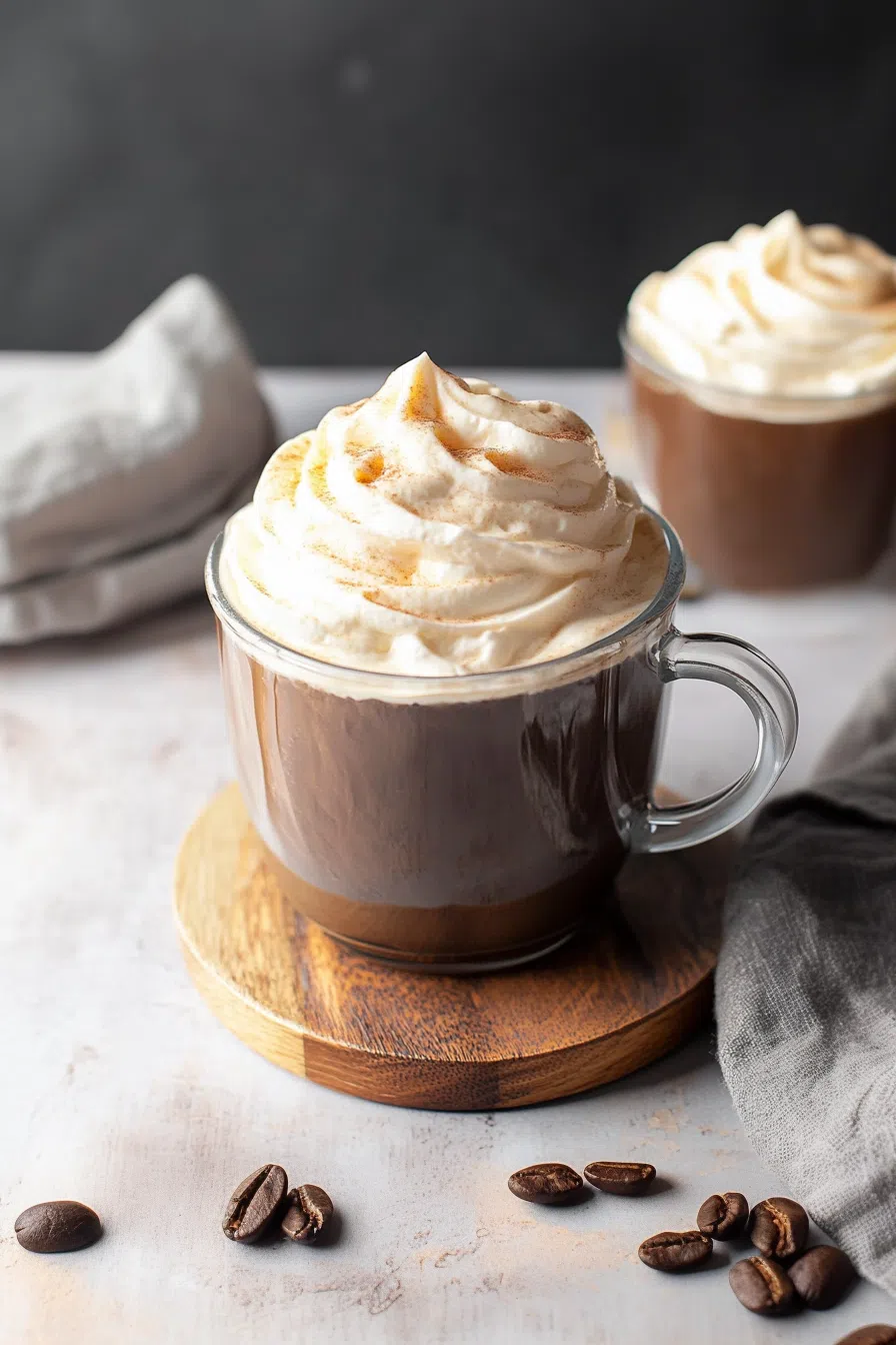 Decorative swirl of whipped topping on a coffee drink.