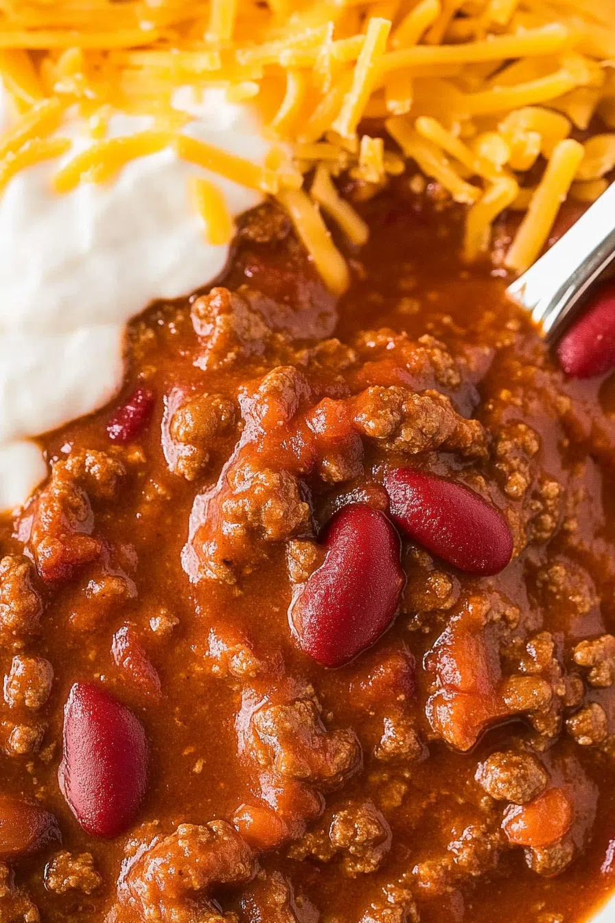 Close-up of a spoonful of chunky bean and beef chili.