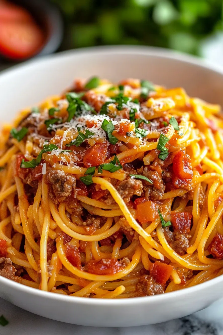 A hearty bowl of pasta topped with crispy bacon and melted cheese.