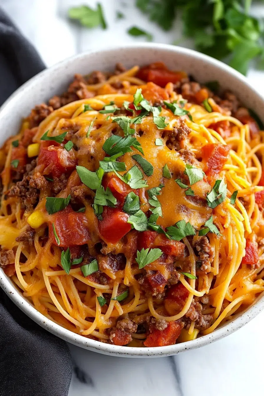 Overhead shot of a bowl of spaghetti with fresh herbs sprinkled on top.