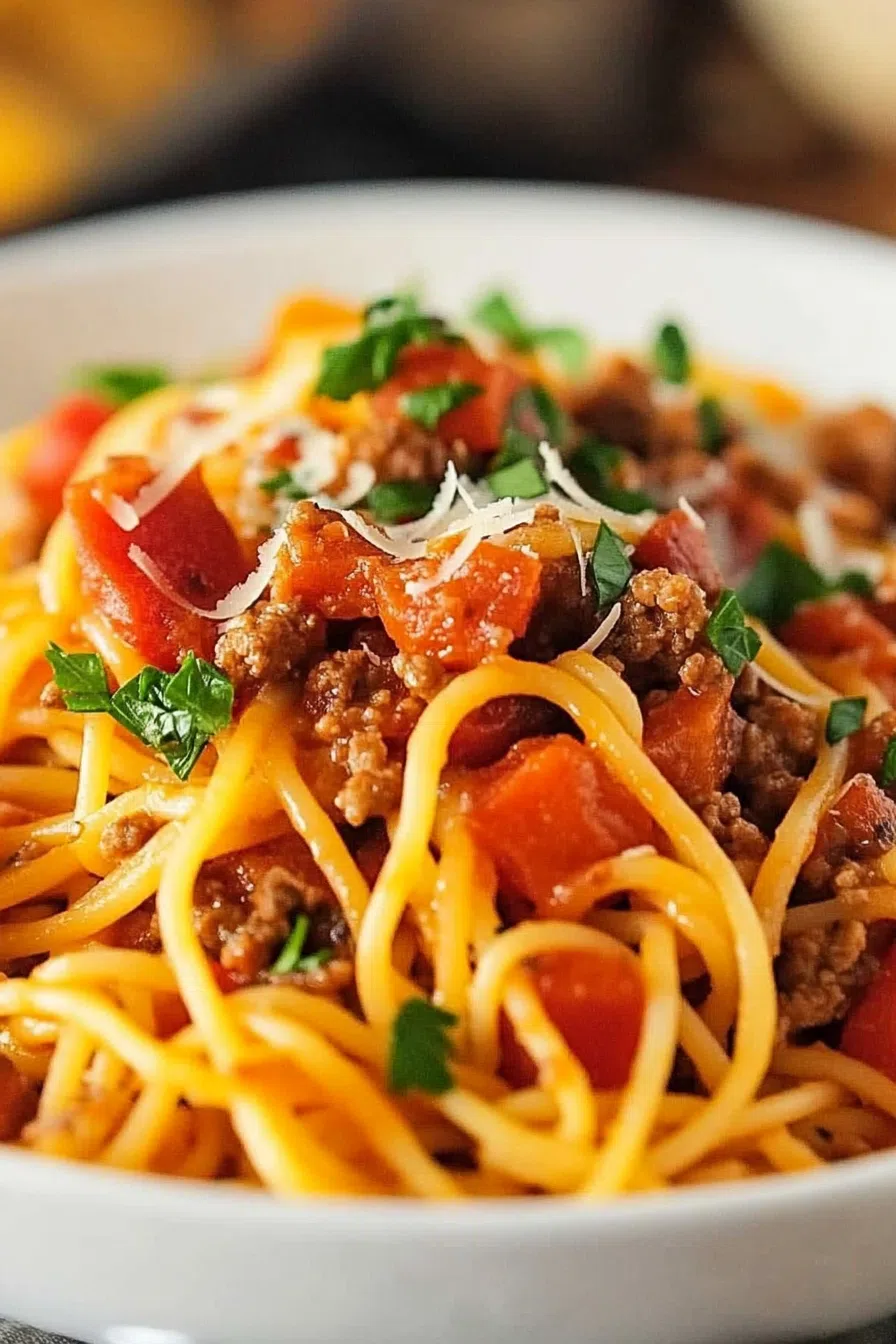 A hearty plate of pasta with a rich, savory sauce and crispy toppings.