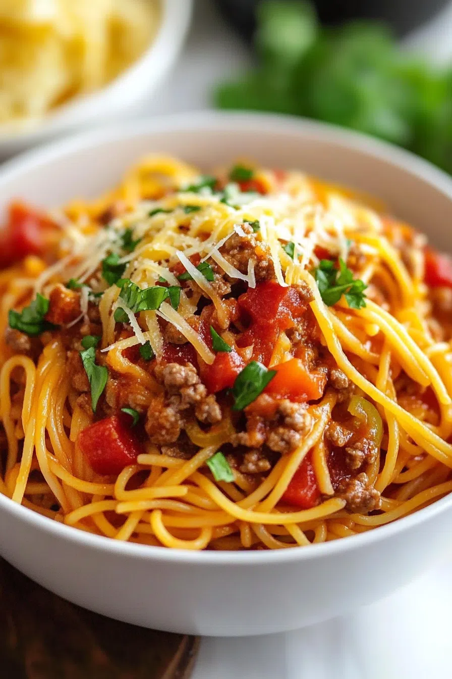 A serving of pasta with a side of garlic bread on a rustic wooden table.