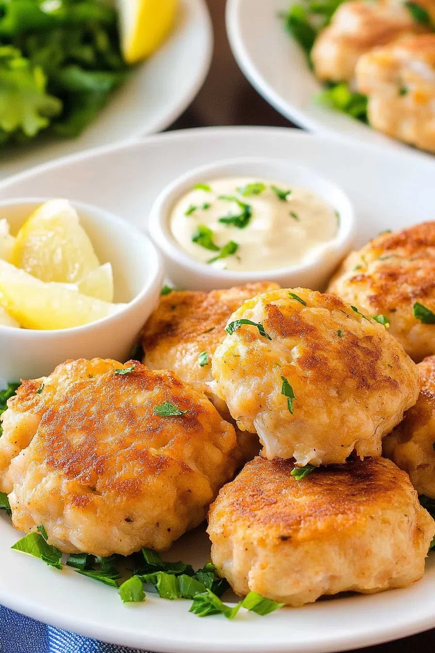 Bite-sized crab cakes with a side of creamy dipping sauce.
