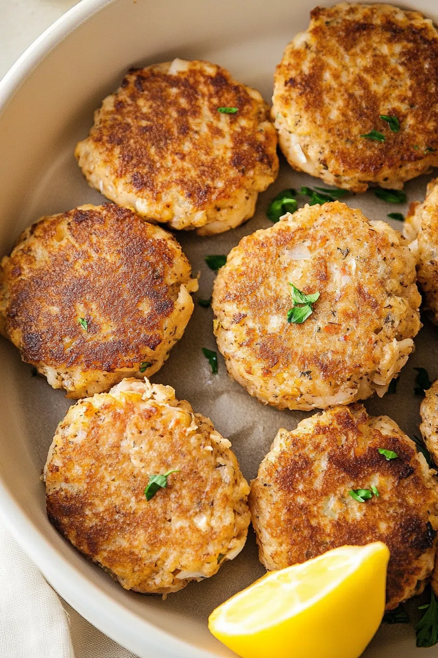 Golden-brown crab cakes stacked on a serving plate with lemon wedges.