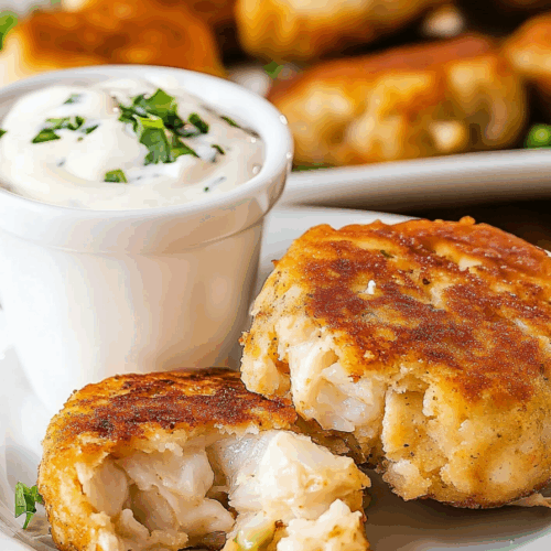 Crispy crab cakes arranged neatly on a platter with dipping sauce.