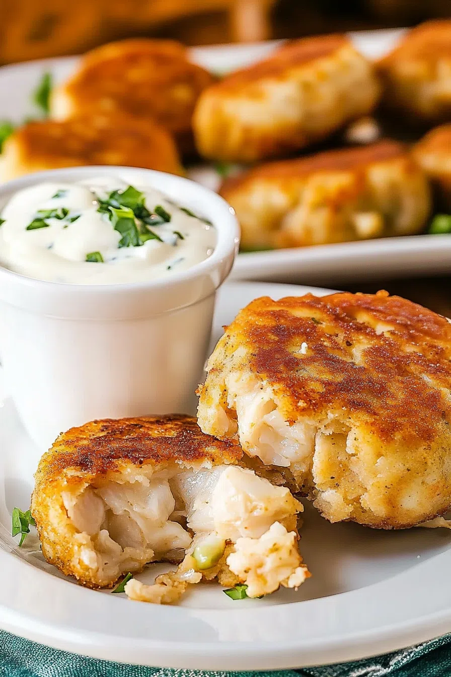 Crispy crab cakes arranged neatly on a platter with dipping sauce.