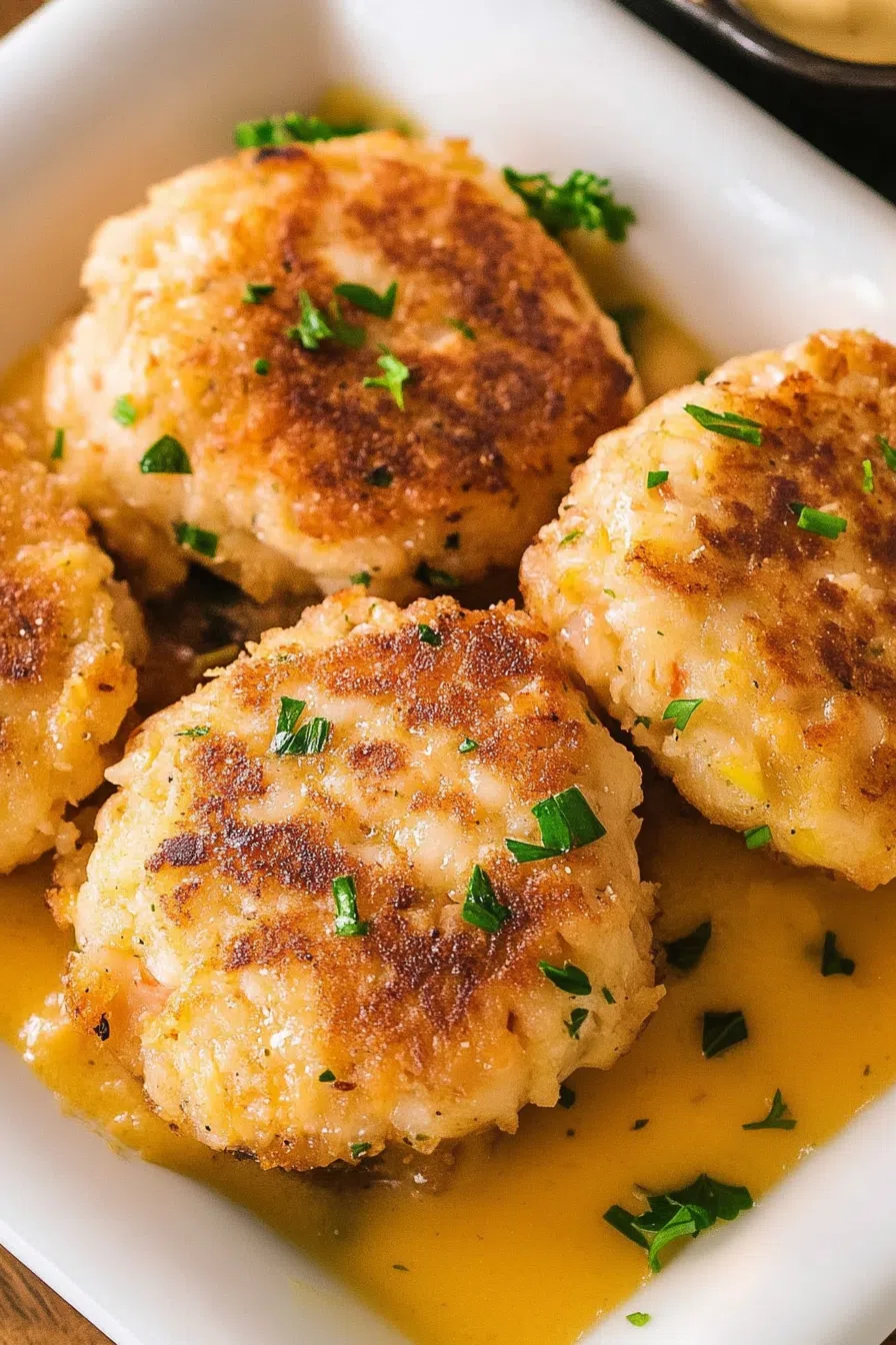 Overhead view of a plate of crab cakes garnished with fresh herbs.