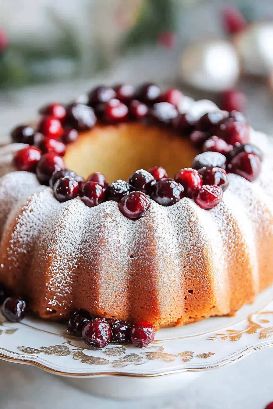 Glazed bundt cake on a white cake stand, garnished with sugared cranberries.