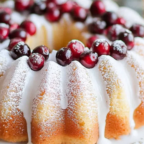 Close-up of a moist cake slice showing bits of cranberry and a light drizzle of icing.