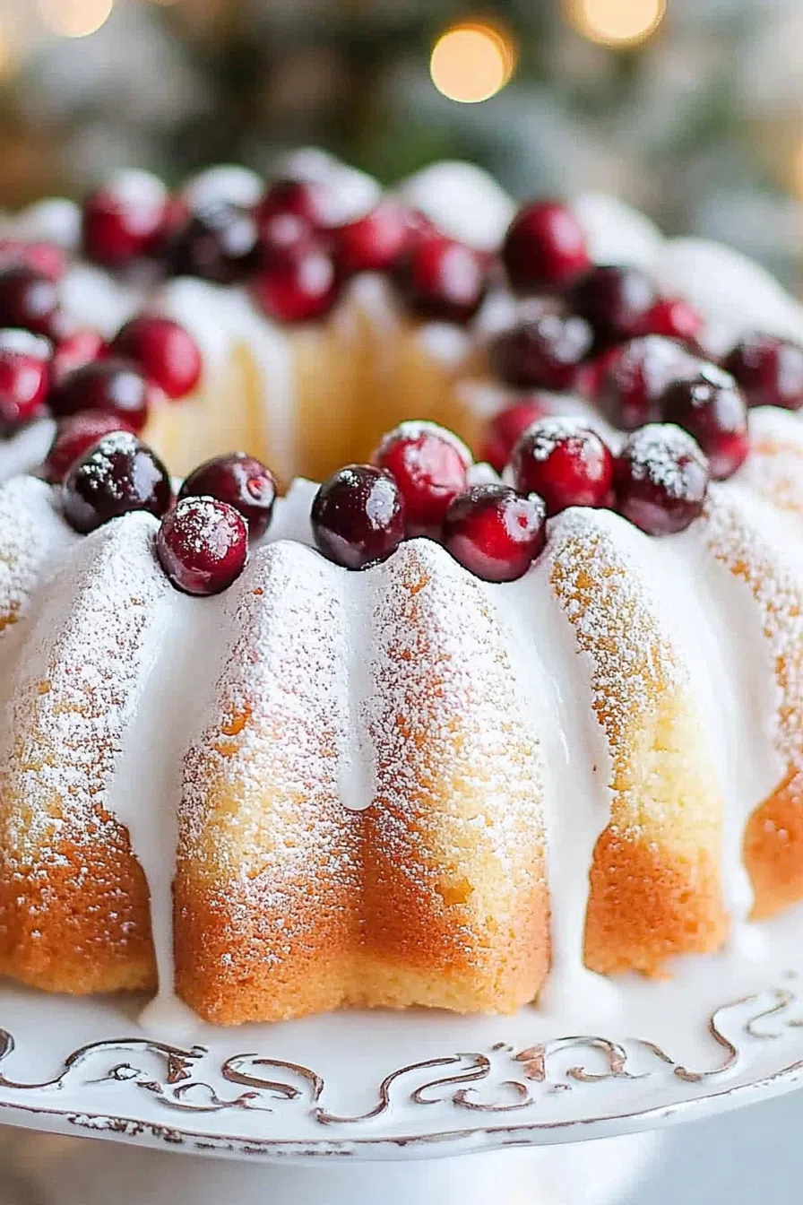 Close-up of a moist cake slice showing bits of cranberry and a light drizzle of icing.