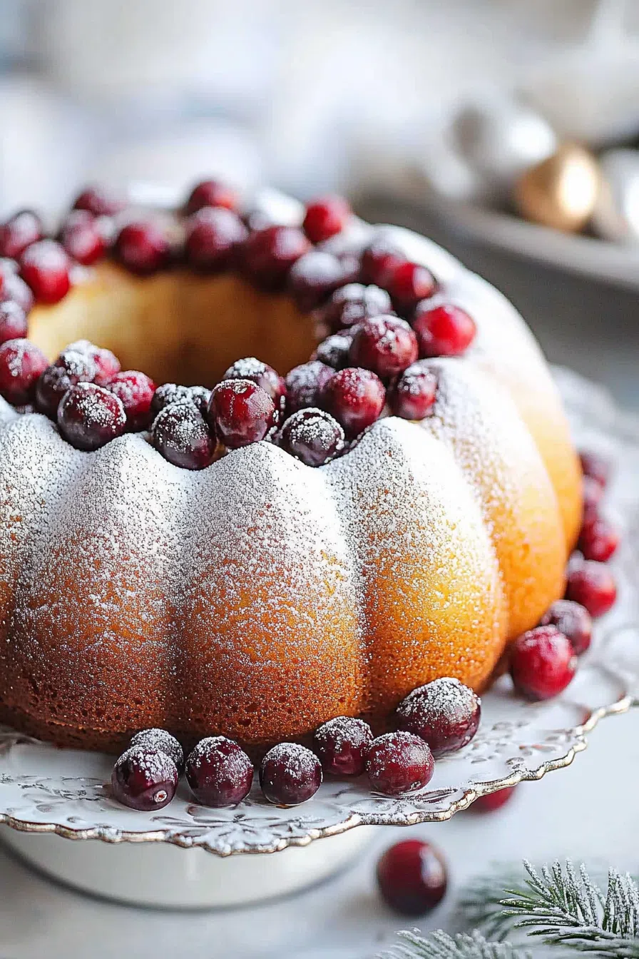 A beautifully glazed bundt cake topped with fresh cranberries and orange zest.