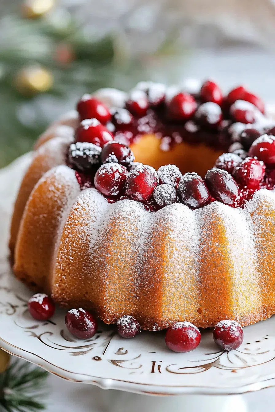 A whole bundt cake with a glossy glaze, styled with winter greenery and citrus slices.