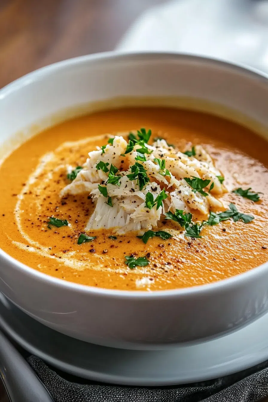 Close-up of a warm seafood soup with garnished parsley.