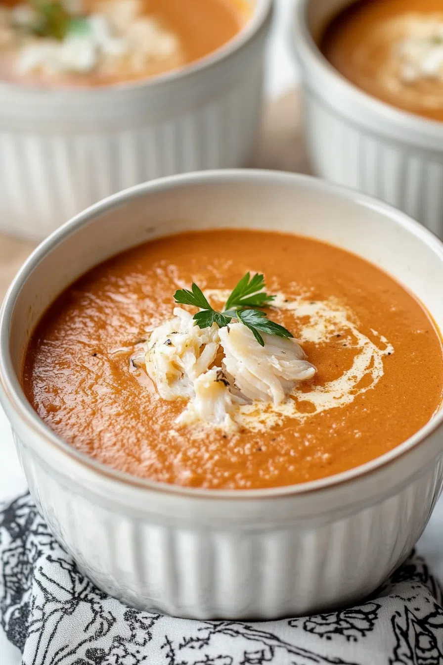 Overhead shot of a warm, creamy soup served in a white bowl with herbs on top.