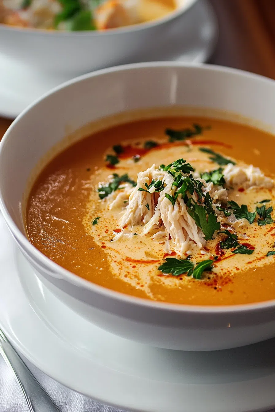 Bowl of smooth, golden-orange soup with a swirl of cream and chopped parsley.