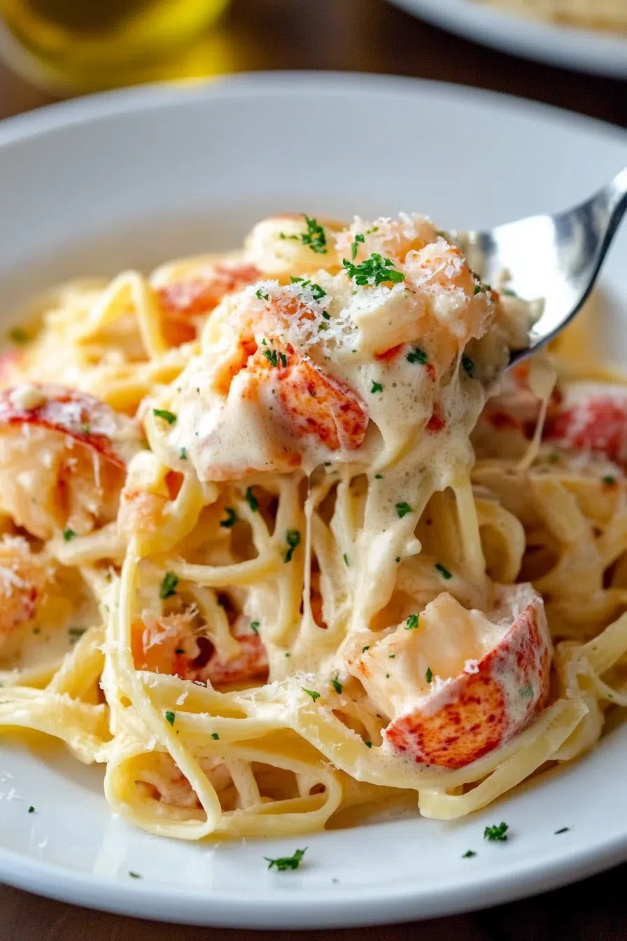 Fork lifting a bite of creamy pasta with tender shellfish.