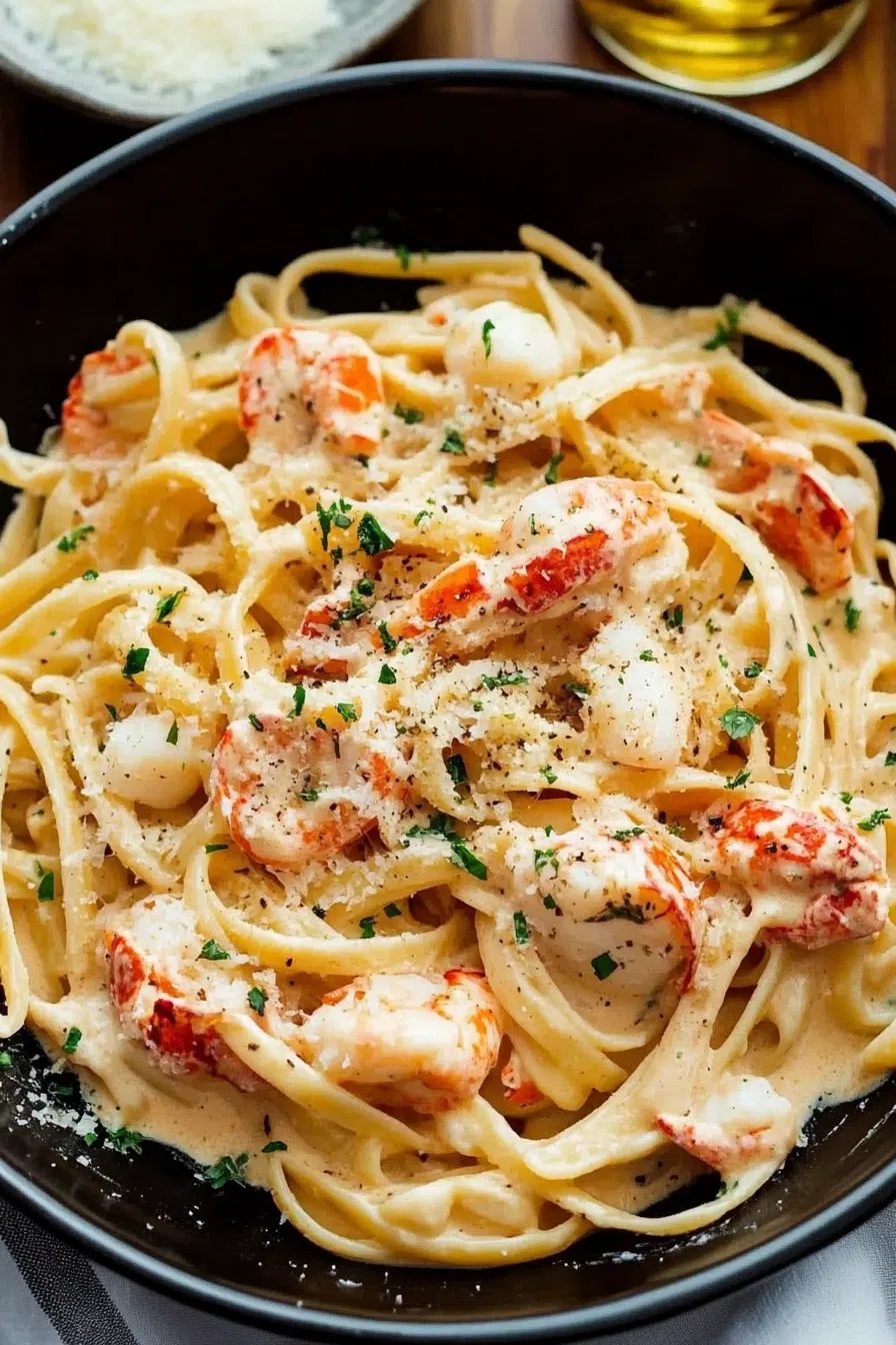 Twirled pasta in a rich cream sauce with chunks of seafood.