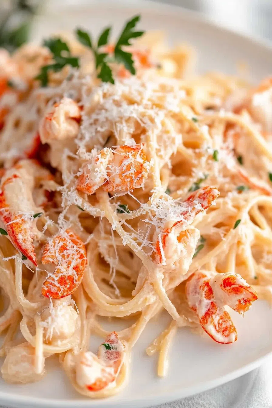 Close-up of noodles coated in a silky white sauce with fresh herbs.
