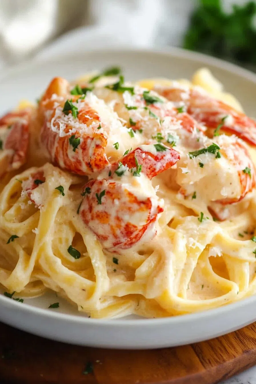 Seafood pasta plated in a white bowl with a smooth, buttery sauce.