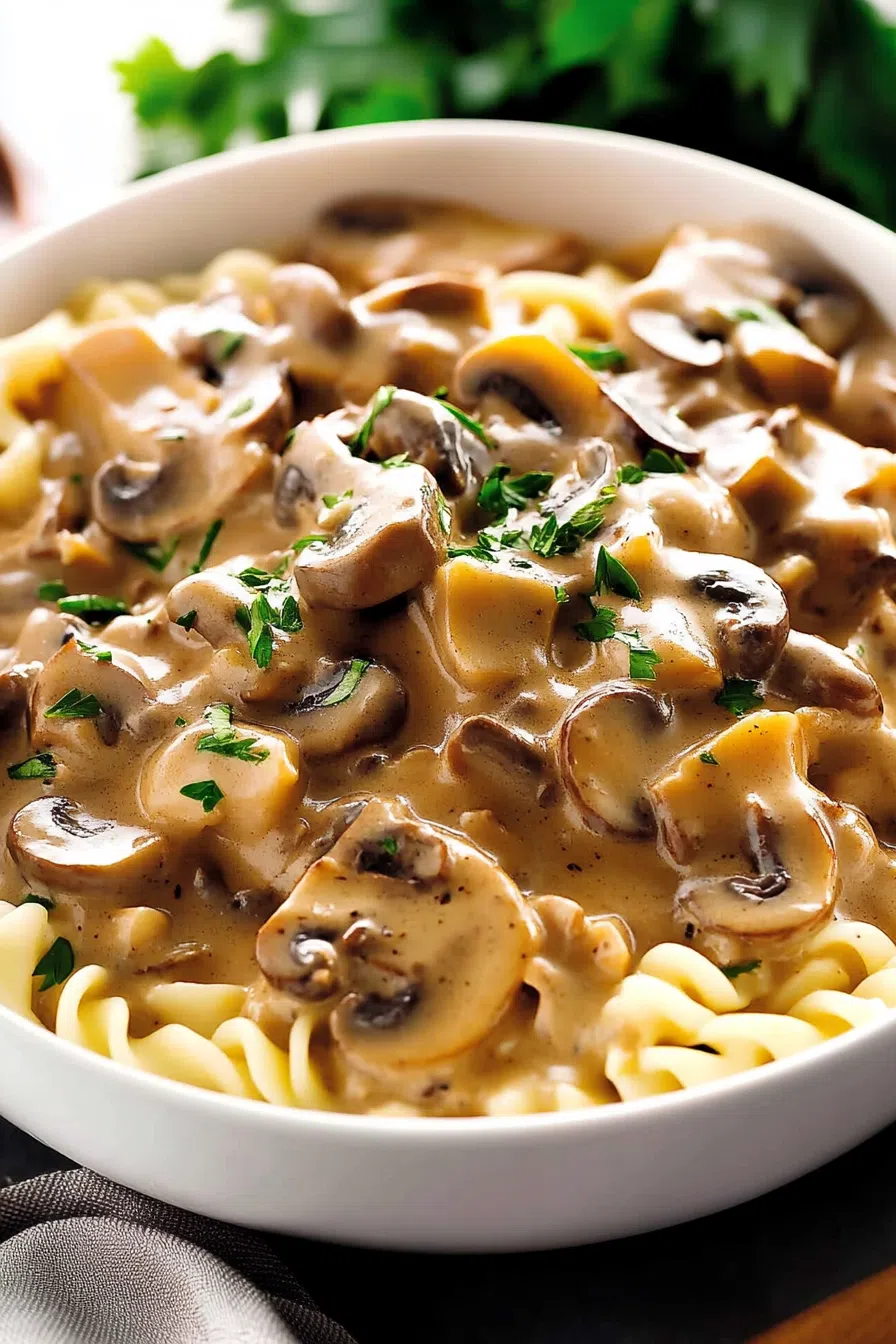 A comforting bowl of pasta topped with sautéed mushrooms and fresh herbs.