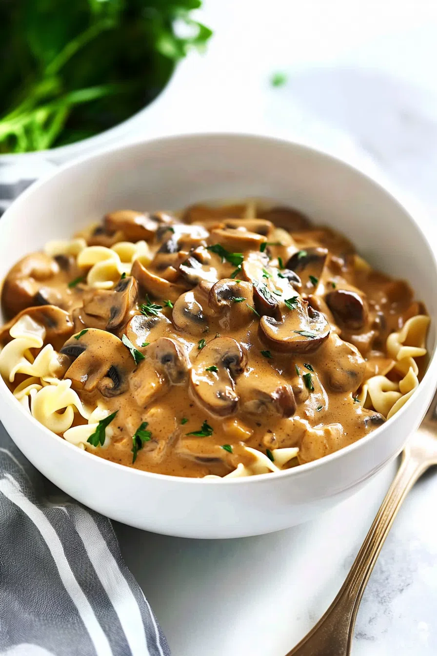 Creamy sauce clings to wide noodles in a rustic, cozy dinner setting.
