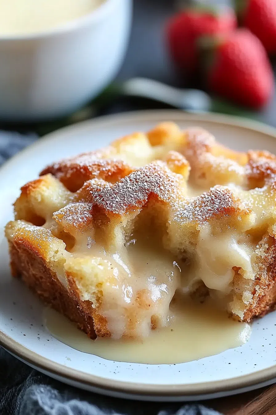 Warm, fluffy squares of dessert served with a drizzle of sauce.