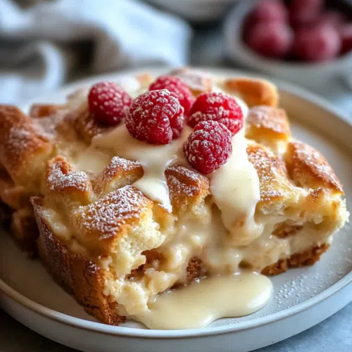 A golden, custard-soaked dessert in a white ceramic baking dish.