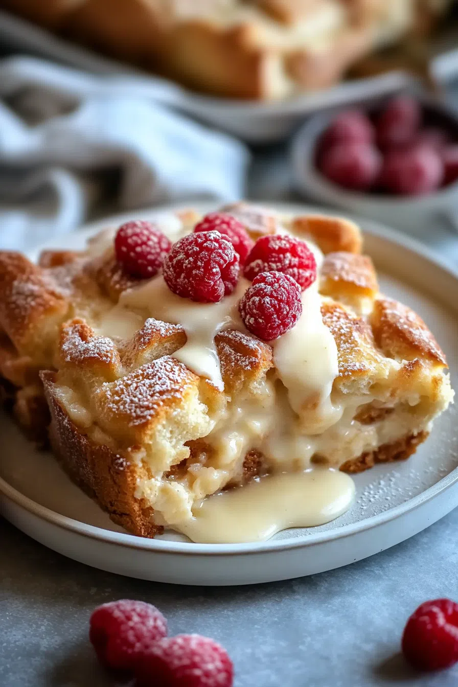 A golden, custard-soaked dessert in a white ceramic baking dish.