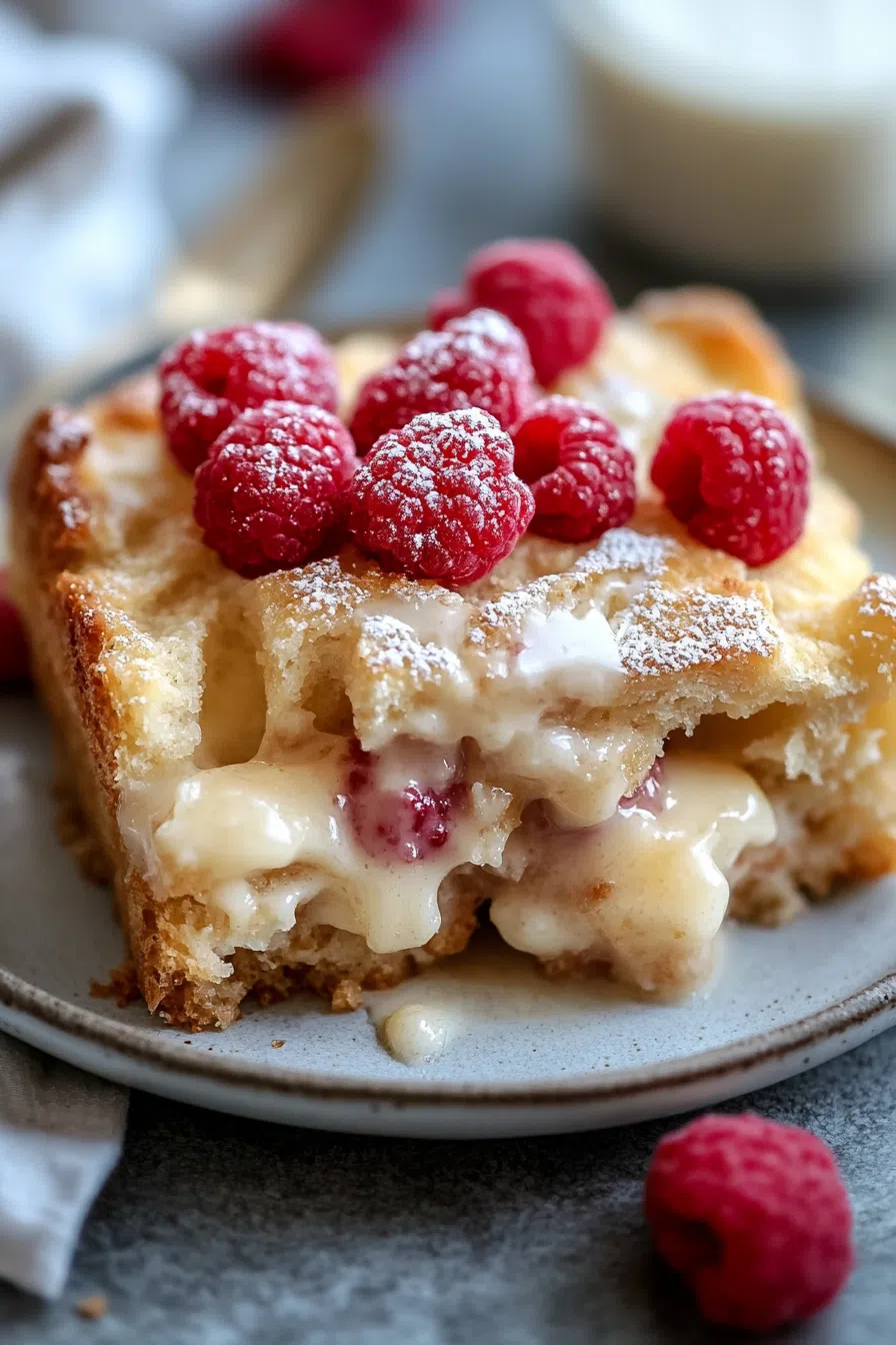 A close-up of a golden-brown baked dessert with a crisp top.