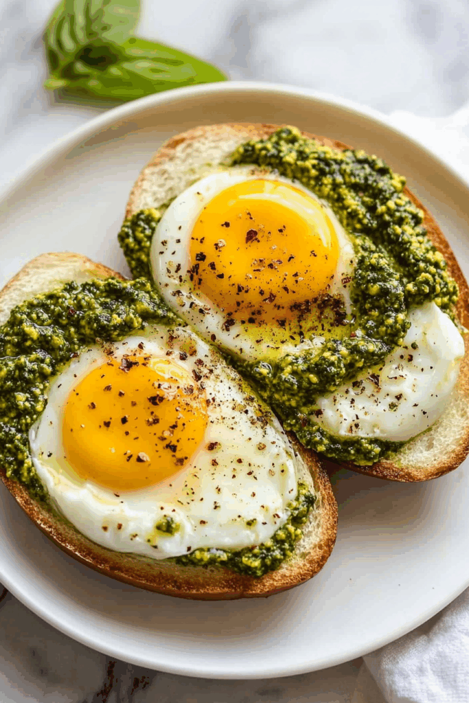 Crispy edges on eggs served atop crusty bread and a savory spread.