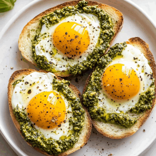 Toasted bread topped with soft eggs and drizzled with green oil.