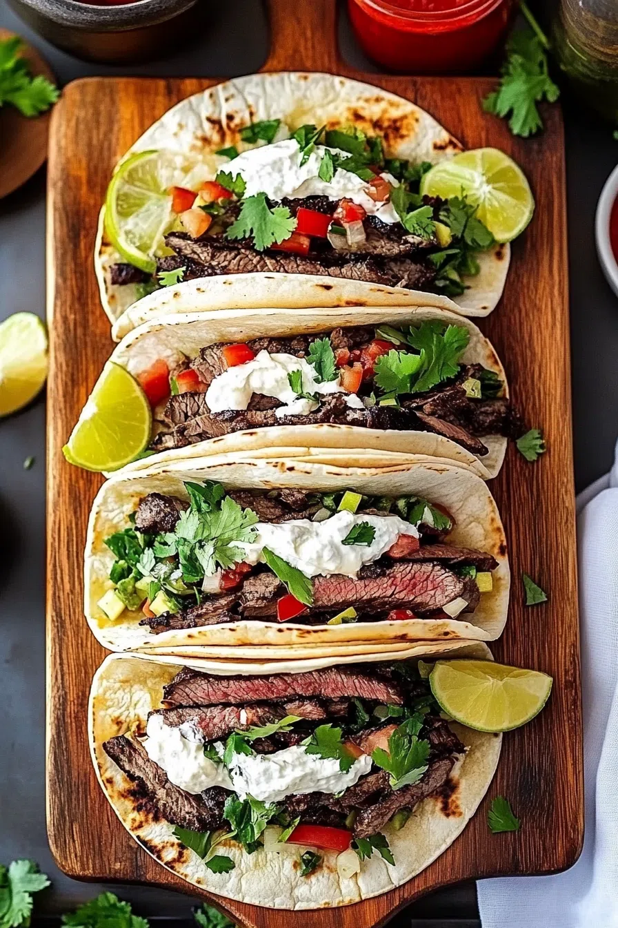 A rustic table setup featuring folded tortillas loaded with flavorful fillings.
