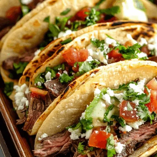 A close-up of seasoned slices of beef layered with fresh vegetables in soft shells.