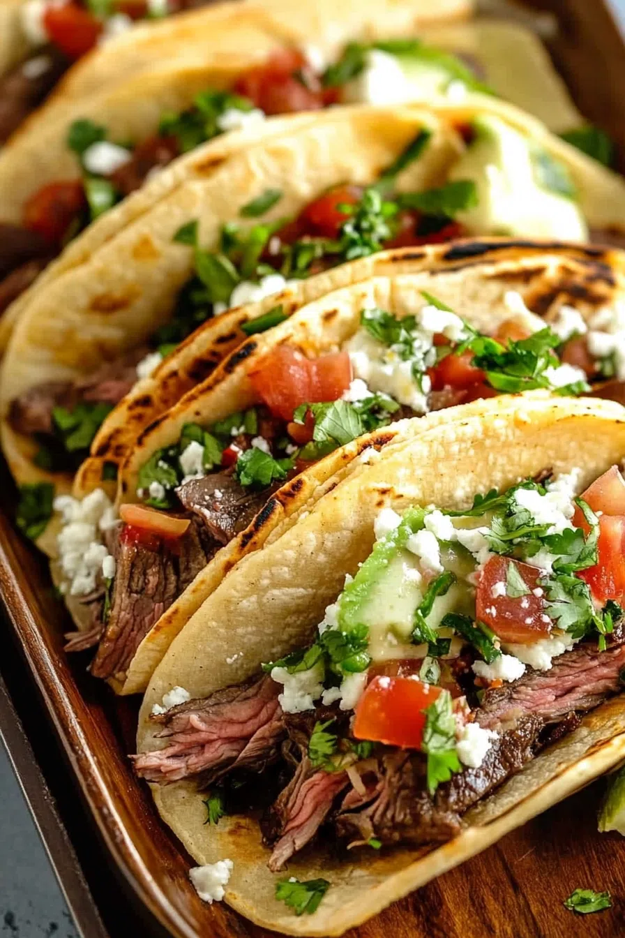 A close-up of seasoned slices of beef layered with fresh vegetables in soft shells.