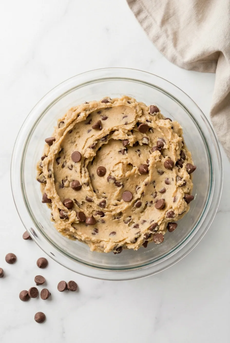Top view of creamy chocolate chip cookie dough swirled inside a clear glass mixing bowl
